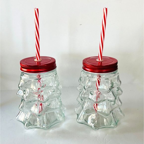 Amici Home Holiday Time 2 Clear Glass Christmas Tree Sipper with Red Lid Straw - Picture 7 of 14